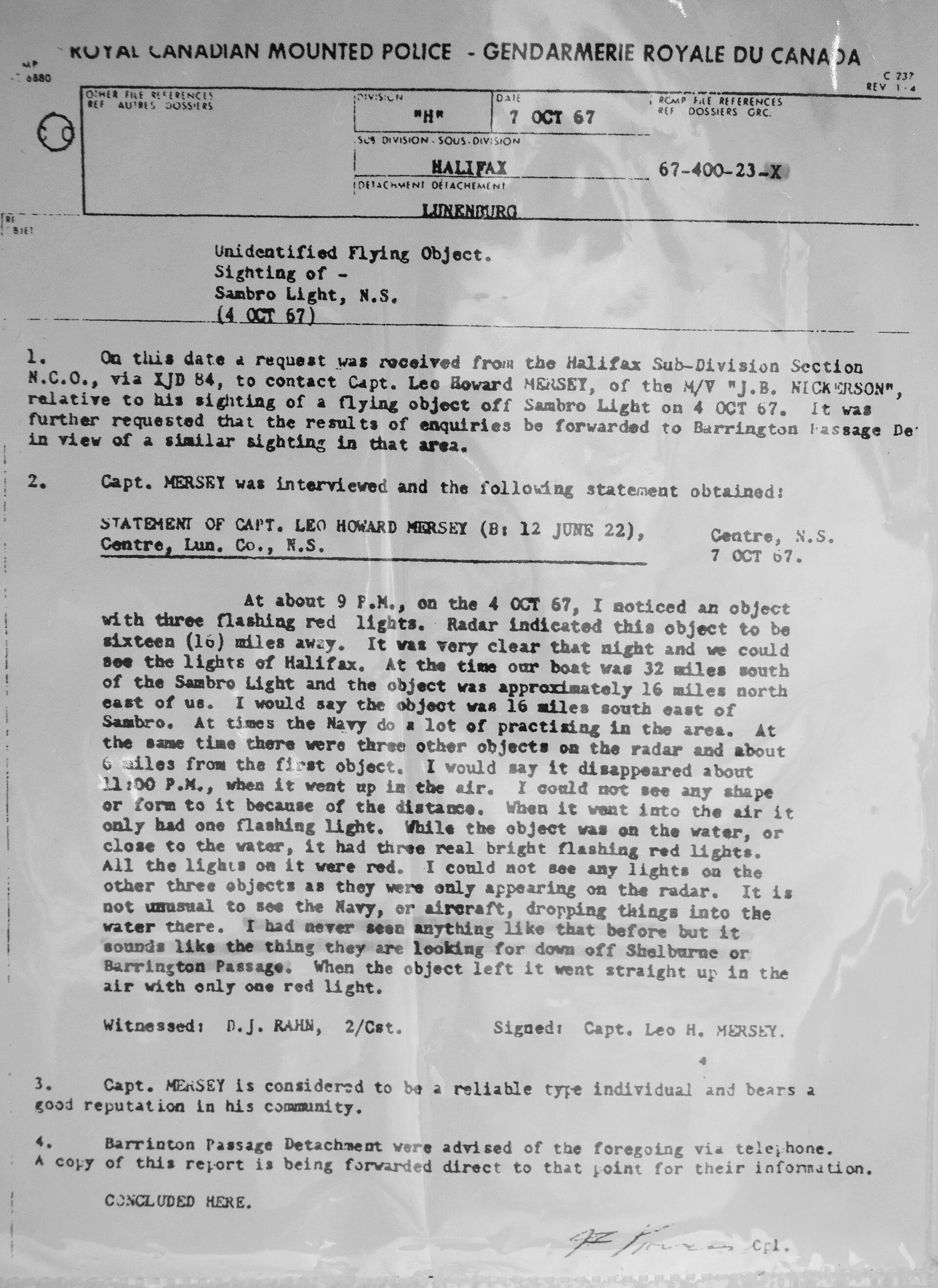 Sighting of Sambro Light, NS by Capt. Leo Howard Mersey on October 4, 1967, RCMP 67-400-23-X Untitled