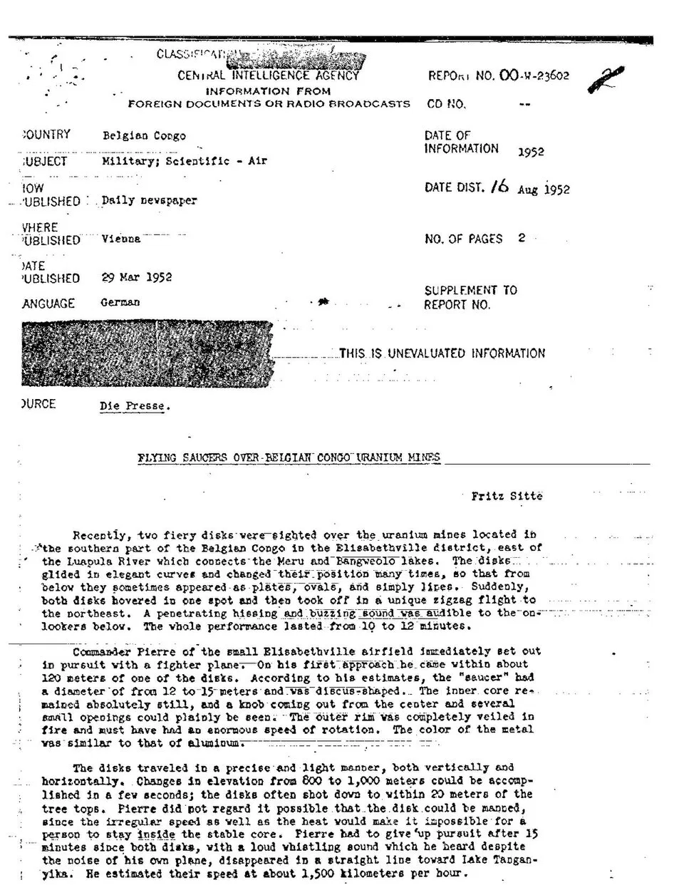 Flying saucers over Belgian Congo uranium mines, CIA report Untitled