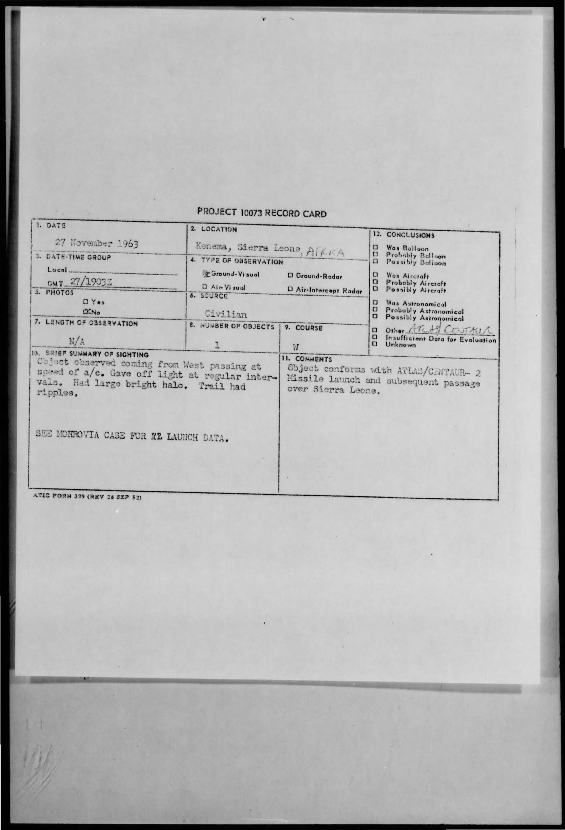 Project Blue Book report - 1963-11-9737436-Kenema-SierraLeone-AFRICA Untitled