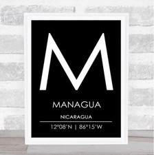 Listing image for Managua Nicaragua Coordinates Black & White World City Travel Quote Poster Print