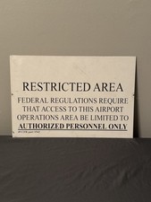 Listing image for Vintage Airport Restricted Area Metal Sign - 18x12 - Authentic Aviation Security