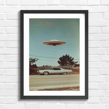 Listing image for Retro Vintage UFO Flying Saucer Car Original Framed Wall Art Print Large Picture
