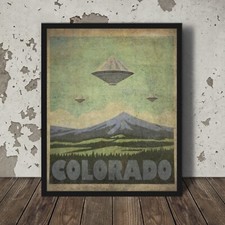Listing image for ALIEN UFO COLORADO Travel Poster, Retro Sci-fi UAP Denver Mountain Wall Art
