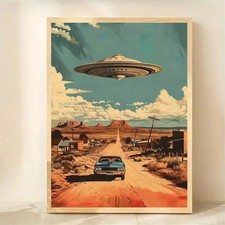 Listing image for Vintage UFO Desert Highway Poster, Retro Sci-Fi Wall Decor Print