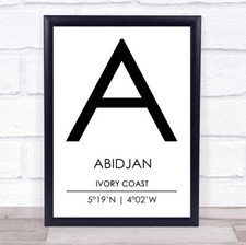 Listing image for Abidjan Ivory Coast Coordinates World City Travel Quote Wall Art Print