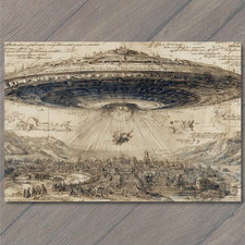Listing image for Art Print Alien Saucer Over City Vintage Map UFO Hovering Leonardo Da Vinci Styl