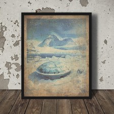 Listing image for Vintage UFO Antarctica Wall Art, UAP Arctic Mountain Decor, Sci-fi Alien Poster