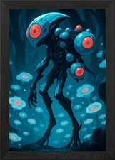 Listing image for Blue Alien Creature in Floral Lands Framed Wall Art Poster Canvas Print Picture