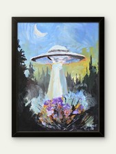 Listing image for Original UFO Spaceship Painting Acrylic 12x16 Sci-Fi Alien Landscape Wall Art