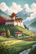 Listing image for Mystical Paro Bhutan Travel Poster - Dzong Fortress Art Print A1-A4 Poster Art P