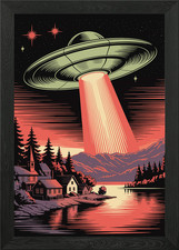 Listing image for UFO over Lakeside Village Illustrat Framed Wall Art Poster Canvas Print Picture