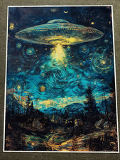Listing image for UFO Over Village Night Sky Art Poster 18x24in
