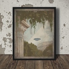 Listing image for Vintage UFO ROME Wall Art, ITALY Sci-fi Decor, Cryptid Colosseum Alien Poster
