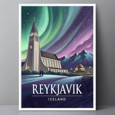 Listing image for Majestic Reykjavik Iceland Travel Poster - Northern Lights Art Print