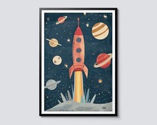 Listing image for Space Rocket Illustration Print, Nursery Wall Art, Cute Space Themed Poster,