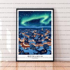Listing image for Iceland Travel Poster Reykjavik Unframed Illustration Art Reykjavik Aurora