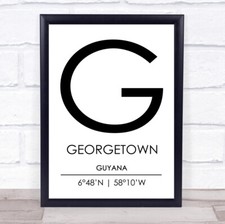 Listing image for Georgetown Guyana Coordinates World City Travel Quote Wall Art Print
