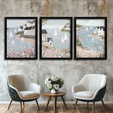 Listing image for Coastal Village Wall Art Set of 3 Prints Nautical Seaside Cottage Harbour Poster